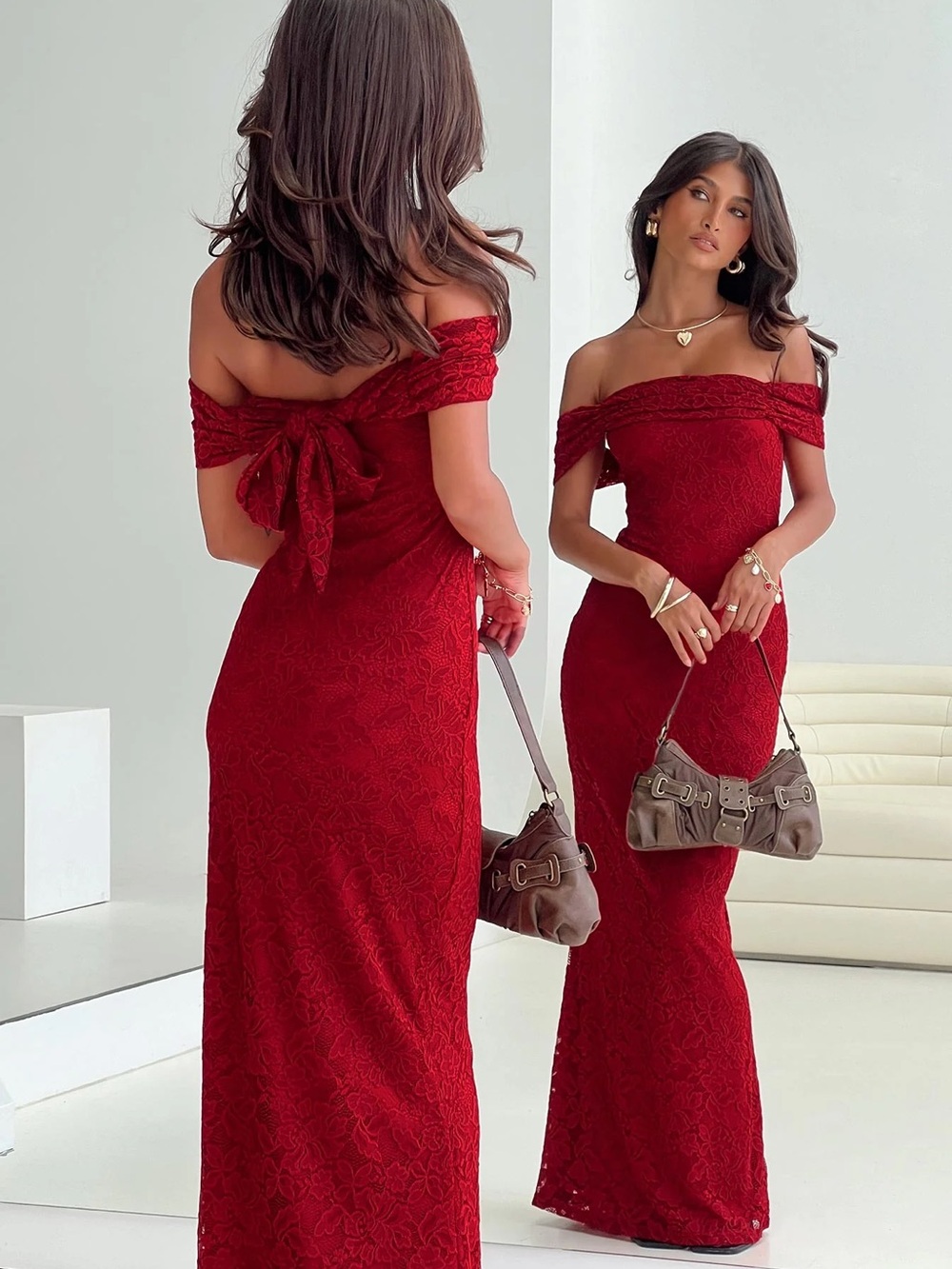 Princess Polly Red Off-Shoulder Lace Maxi Dress